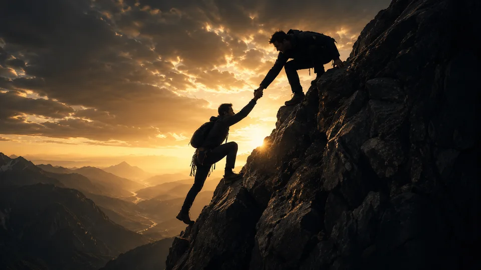 Climber reaching down
