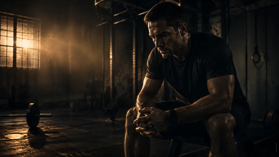 A man sitting alone in a dark gym