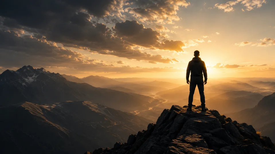 A lone figure standing on a summit at sunrise