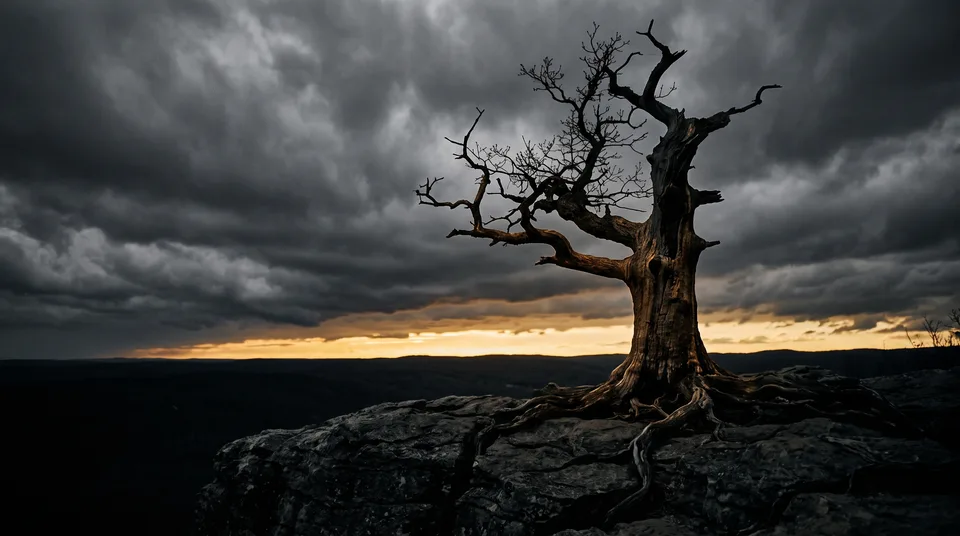 A lone ancient tree standing firm on dark rock